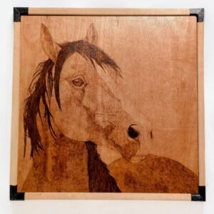 Brown horse with a white nose blaze pyrography on a 60cm by 60 cm hardwood board