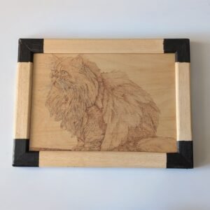 Pyrography picture of a persian cat with a natural wood background and mounted in a light wood frame with black accented corners